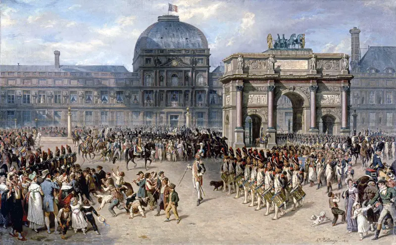 A vibrant scene depicting soldiers in white uniforms and a lively crowd in front of monumental architecture.