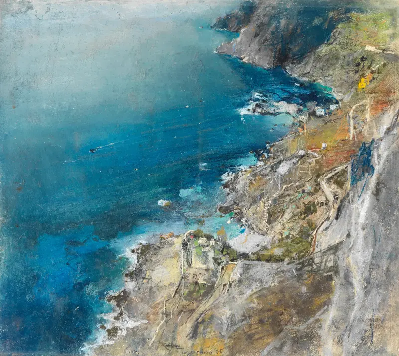 Cliffs, Ischia by Giuseppe Casciaro, oil on canvas depicting rocky cliffs and calm sea