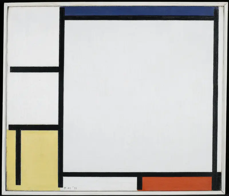 A grid of black lines forms rectangles and squares filled with white, blue, yellow, and red areas on a canvas.