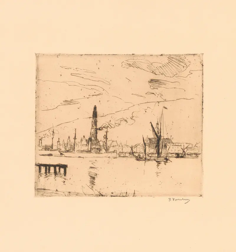 Marine scene of a harbor with loose brushwork by Richard Baseleer, oil painting