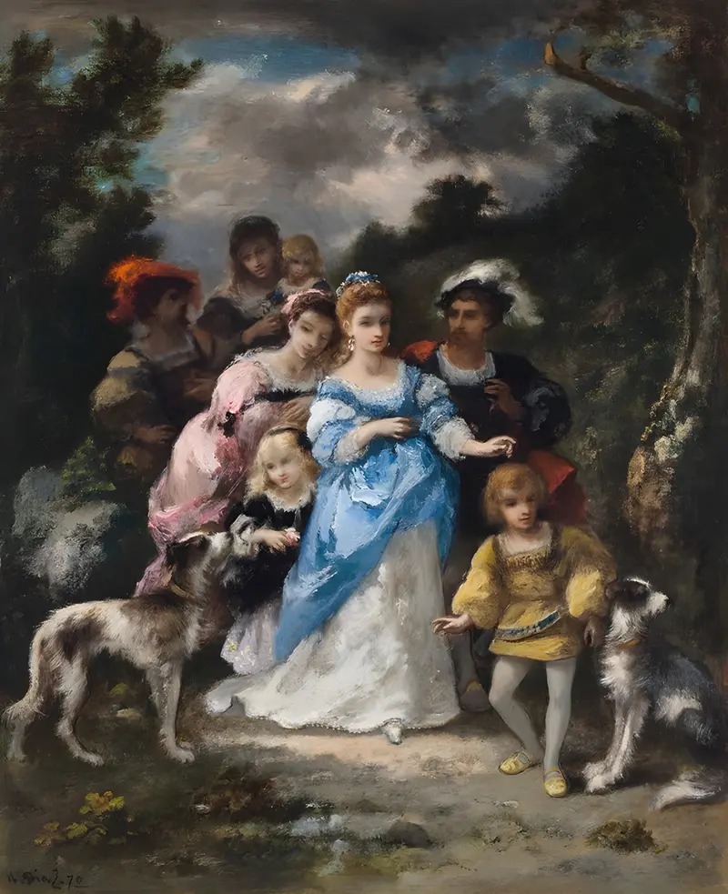 A woman in a blue dress walks through a lush landscape.
