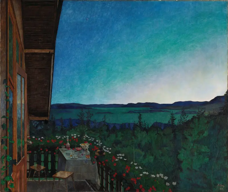 Summer Night by Harald Sohlberg, oil painting depicting a serene twilight landscape