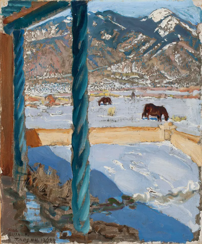 A sunlit porch with deep blue shadows, horses grazing in a snowy field, and distant snow-capped mountains.