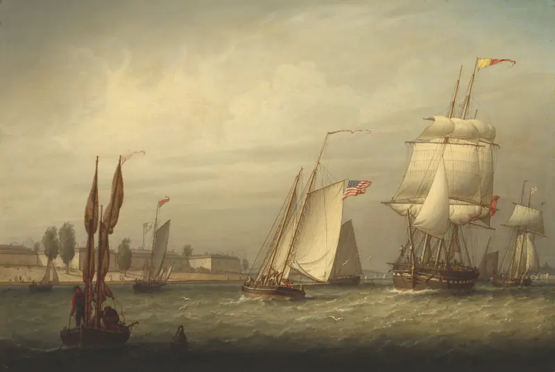 Marine scene of Boston Harbor by Robert Salmon, oil painting