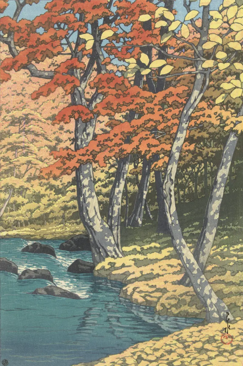 Woodblock print by Kawase Hasui depicting autumn leaves over a river landscape.