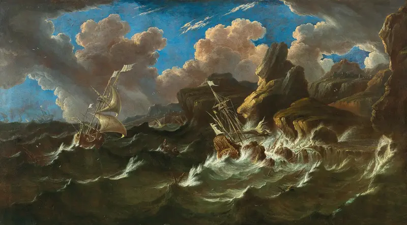 Oil painting by Pieter Mulier the Elder depicting a stormy sea with ships and dark clouds