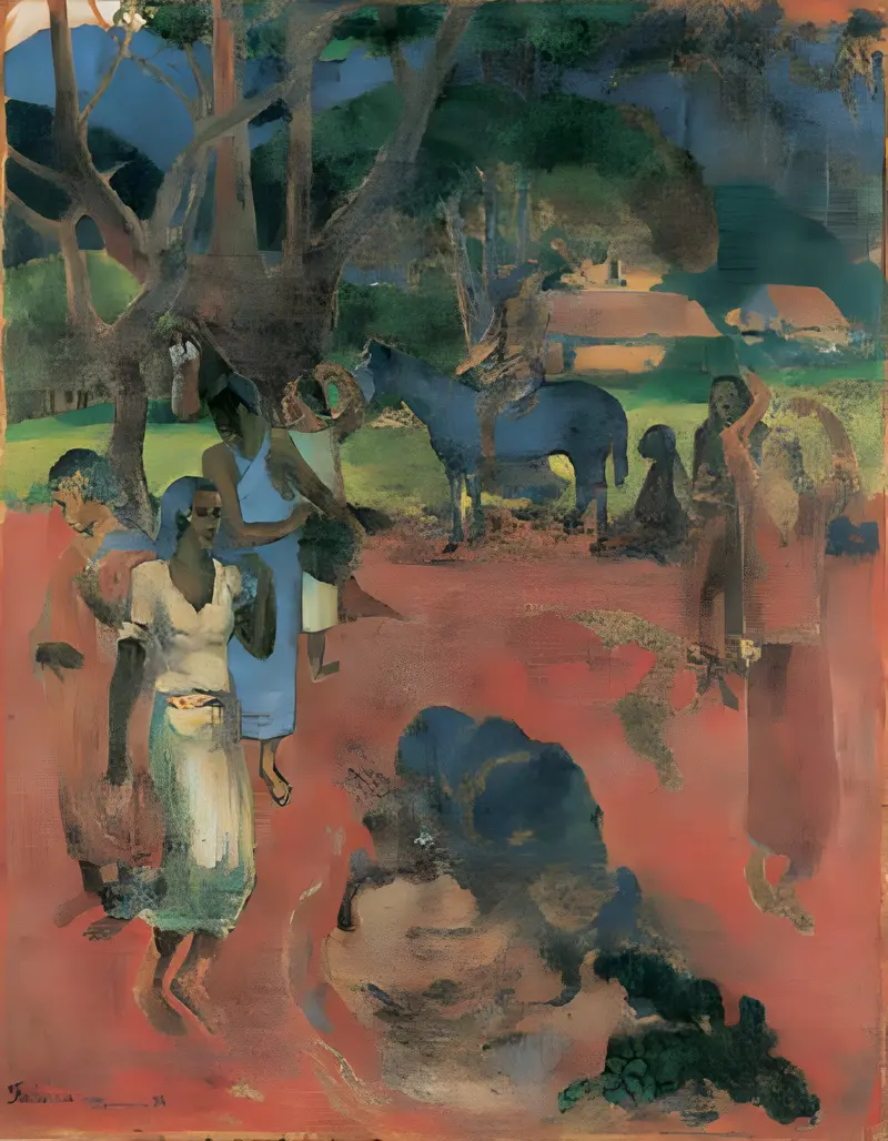 A group of Tahitian women in a lush landscape, embodying a moment of quiet ceremony.