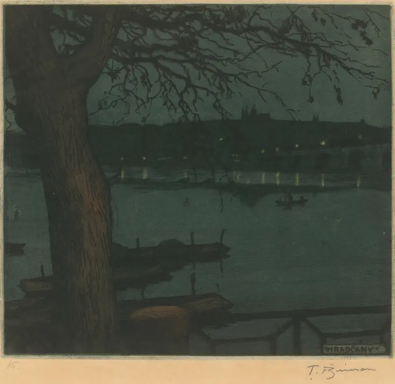 Oil painting by Tavík František Šimon featuring a tranquil river and silhouetted trees