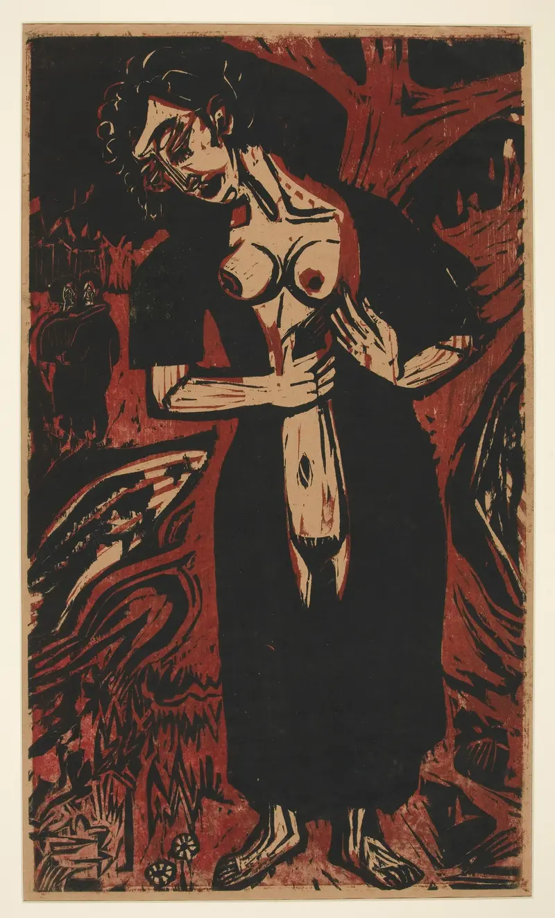 A central figure with a lolling head and slashed body, surrounded by shadowy figures.