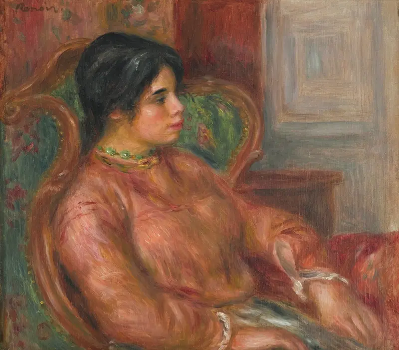 A portrait of a woman seated in a green armchair, painted by Pierre-Auguste Renoir.