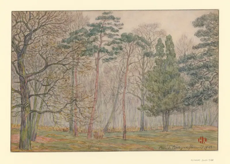 Henri Rivière's painting 'Bois de Boulogne' captures a serene landscape.