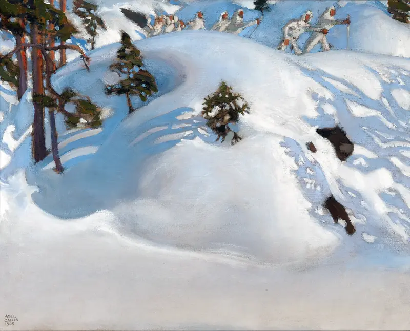 A group of white-clad figures moves across a snowy ridge, set against a vast winter landscape with cool shadows and sparse trees.