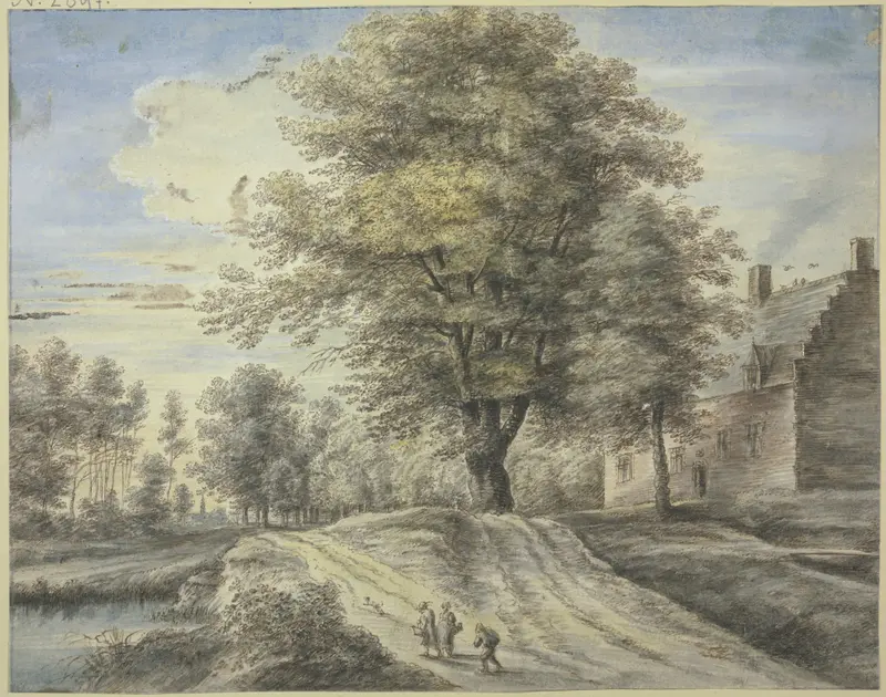 Oil painting by Lucas van Uden featuring a tree, three figures, and a dog.