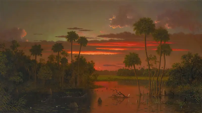 The Great Florida Sunset, oil on canvas by Martin Johnson Heade, depicting a vibrant sunset over a landscape.
