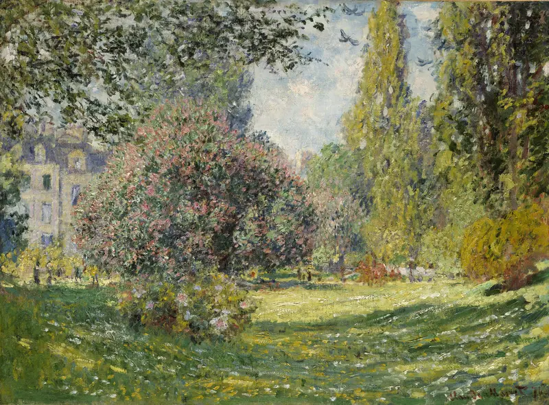 Landscape; The Parc Monceau, oil painting by Claude Monet depicting a lush park with trees and flowers.