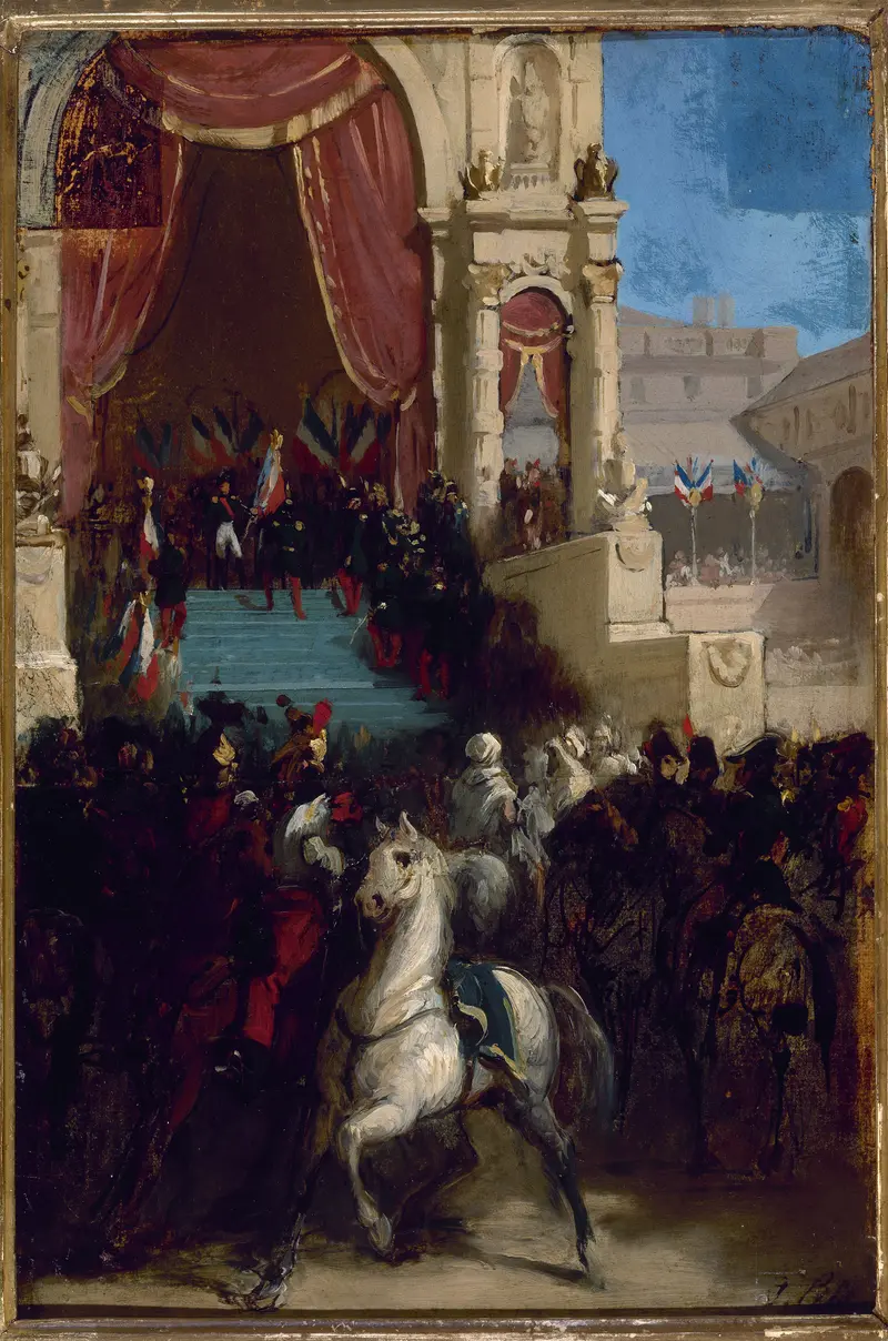 A historical painting depicting the distribution of eagles and the blessing of flags in 1852.