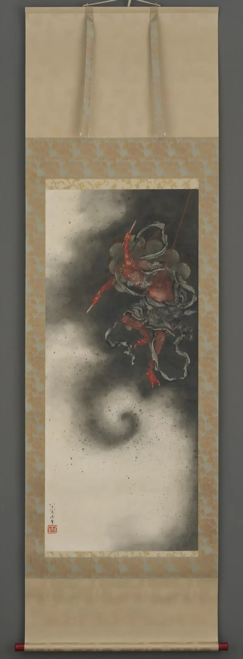 A depiction of Raijin, the thunder god, mid-leap, surrounded by drums and lightning.