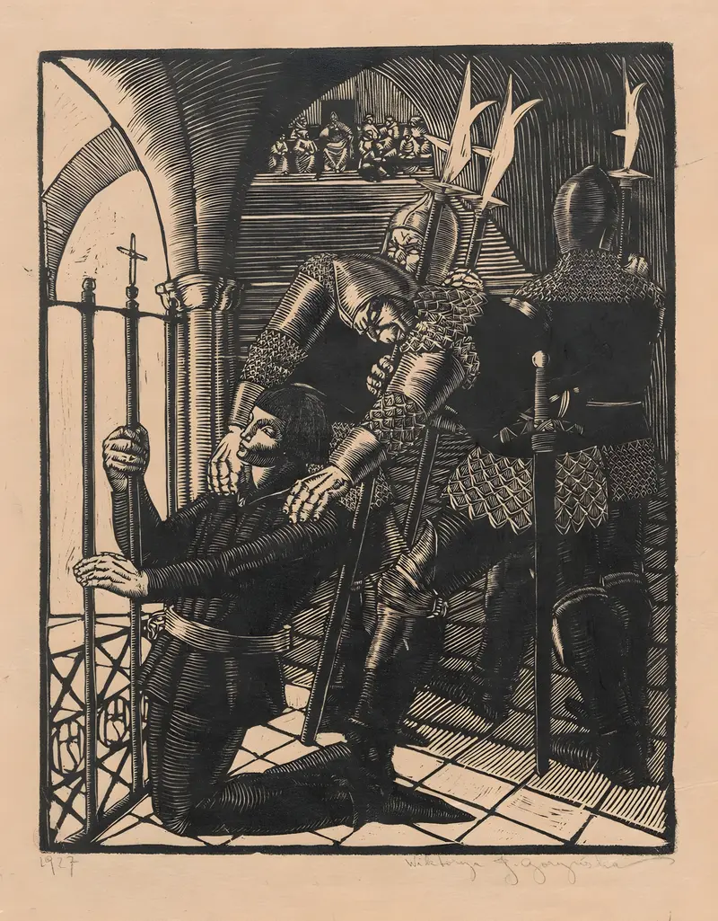 A painting depicting Joan of Arc in prison, showcasing her strength and resilience.