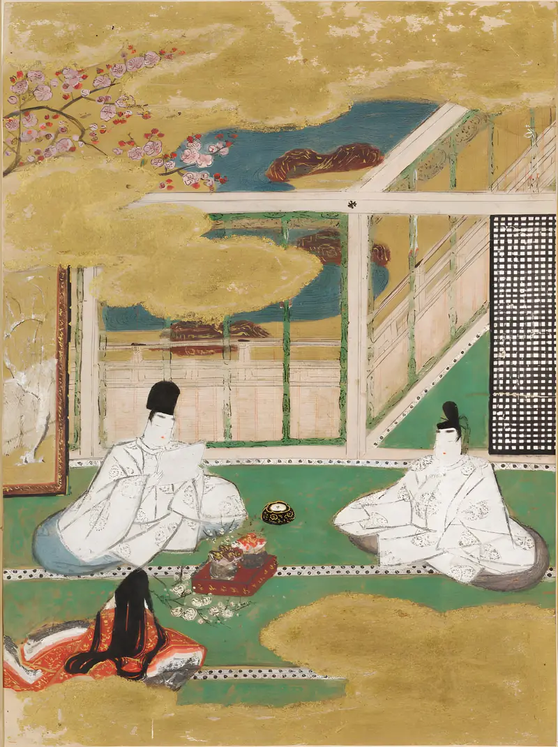 Plum blossoms and branches in gold by Tosa Mitsunobu, Muromachi period