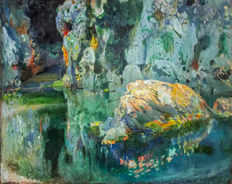 The Rock in the Pond by Joaquin Mir Trinxet, impressionism, depicting a solitary rock in a tranquil pond.