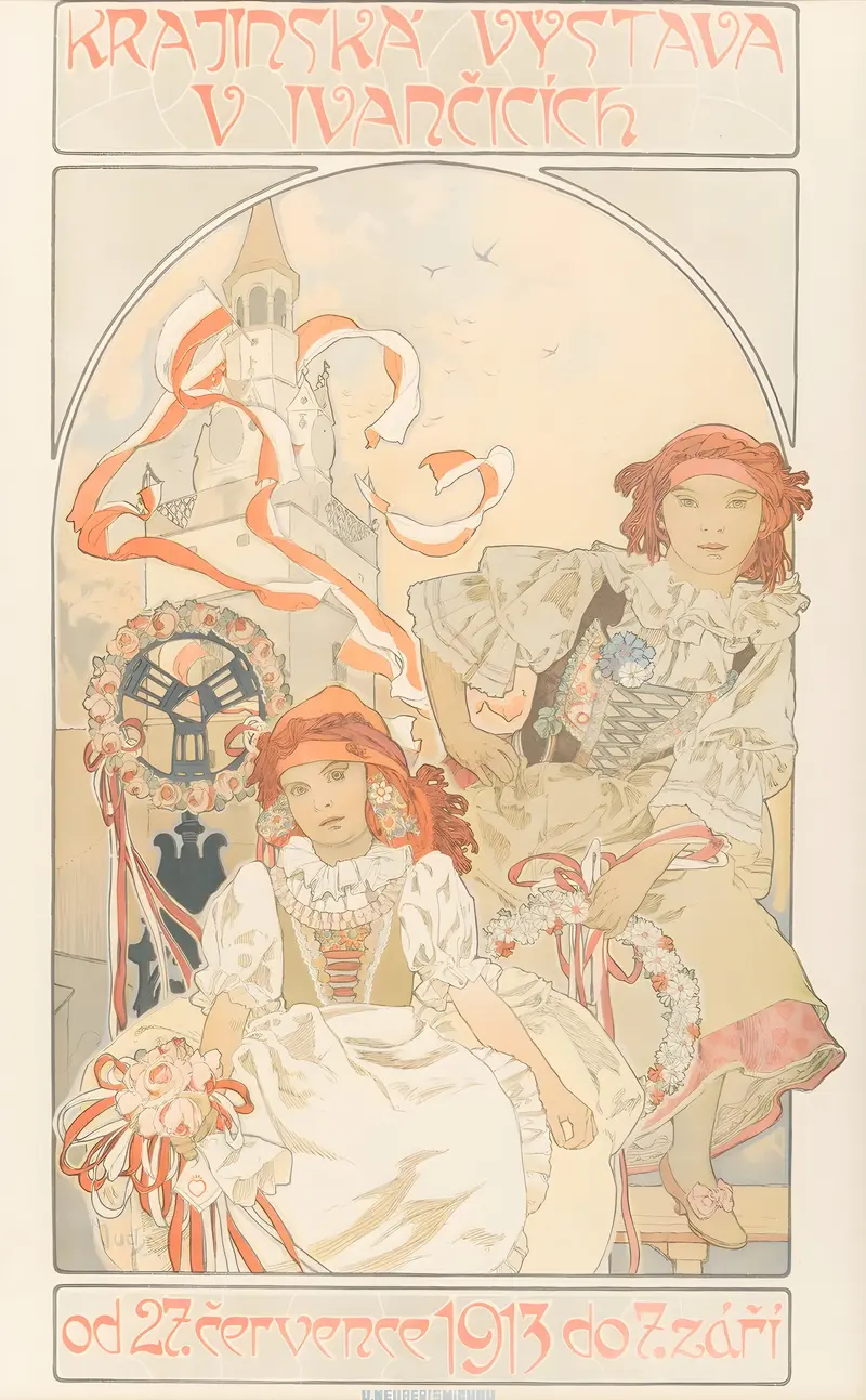 Alphonse Mucha's 'Krajinská výstava v Ivancicích' captures a vibrant scene of a countryside exhibition.