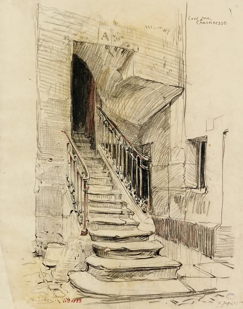 Interior scene with a staircase and courtyard, oil painting by Charles Jouas