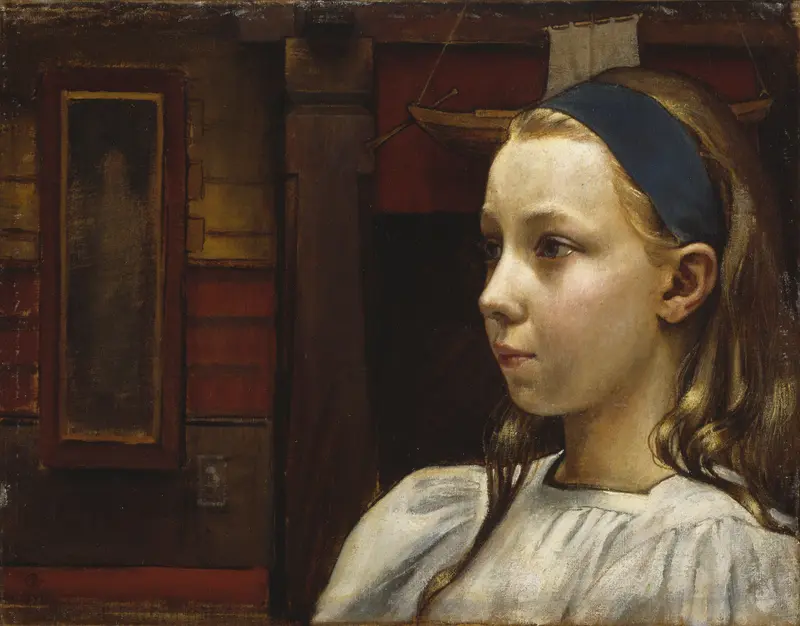 A young girl with a thoughtful expression, wearing a white dress and a blue ribbon, with a model ship above her head.