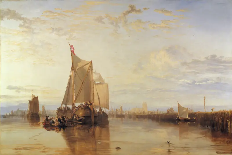 A large packet-boat with raised but slack sails and a red flag is surrounded by figures on deck, smaller boats, reeds, and the distant skyline of Dordrecht under a pale sky.
