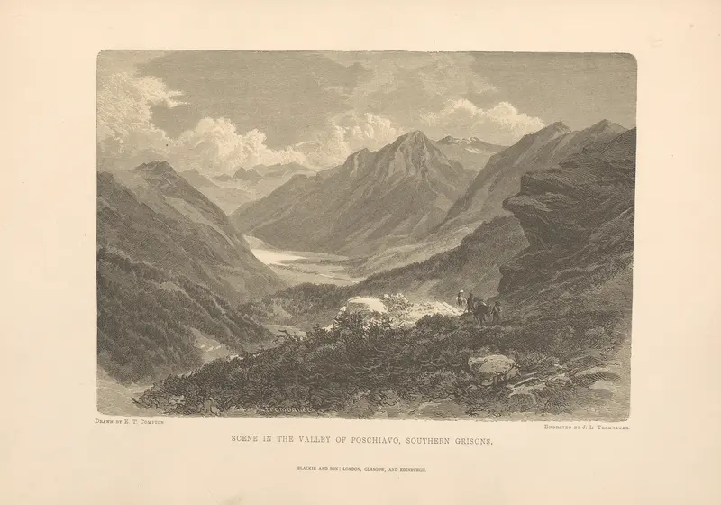 Landscape oil painting by Theodor Gsell Fels depicting a valley with mountains and light.