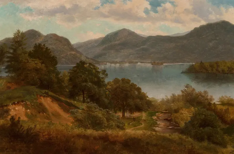 Lake George by Asher Brown Durand, oil painting depicting tranquil waters and reflections of trees.