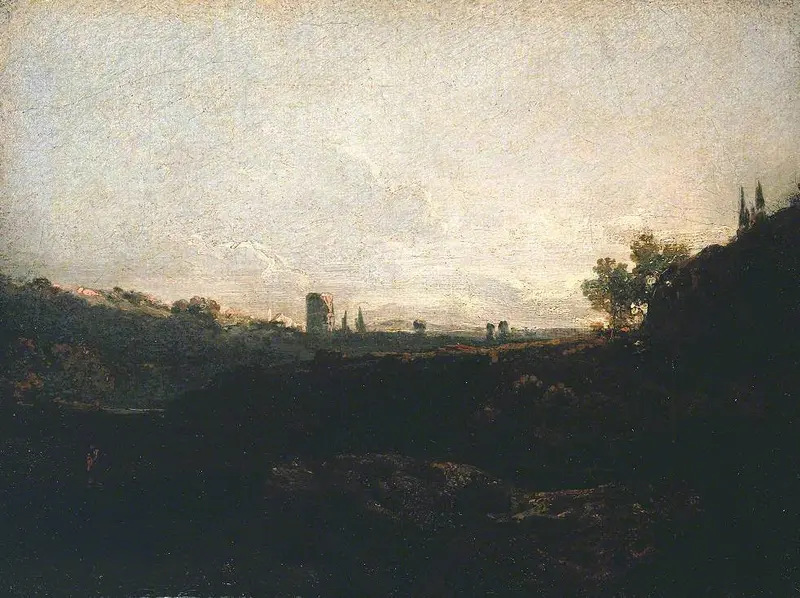 A serene view of a town with rooftops and a church spire, enveloped in early light.