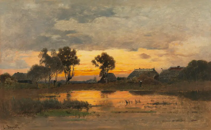 oil painting by Louis Douzette depicting twilight over serene waters