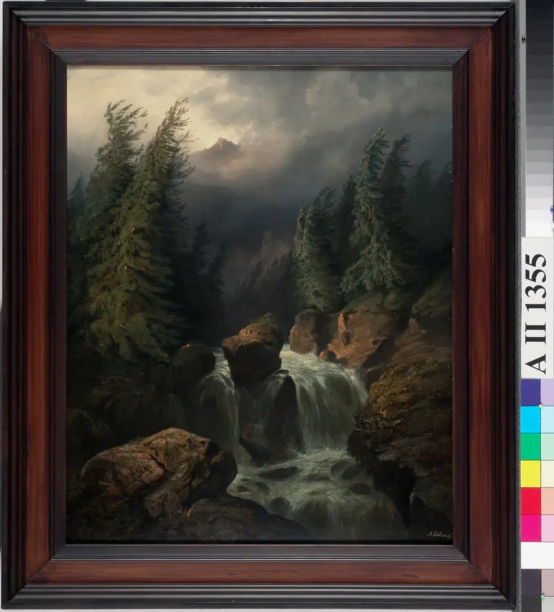 A torrent of white water tumbles through moss-dark boulders and towering pines under a dramatic sky.