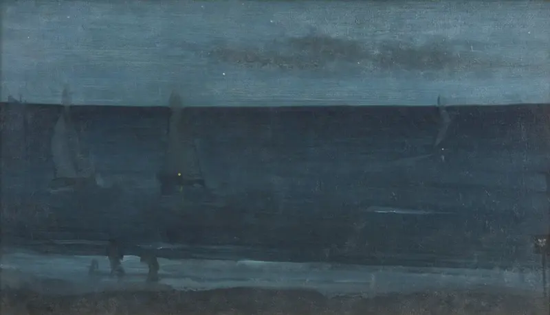 Nocturne: Blue and Silver–Bognor by James Abbott McNeill Whistler, oil on canvas depicting twilight over water.