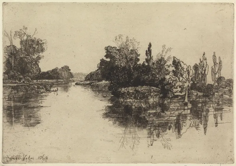 Engraving by Francis Seymour Haden depicting a tranquil river landscape with a farm