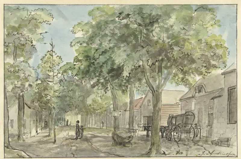 Dorpsstraat in Lage Vuursche, oil on canvas by Jurriaan Andriessen, depicting a village street with trees.