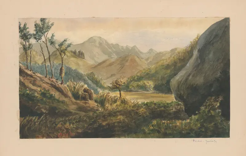 Watercolor by Auguste Mouillesaux de Bernières depicting a serene landscape