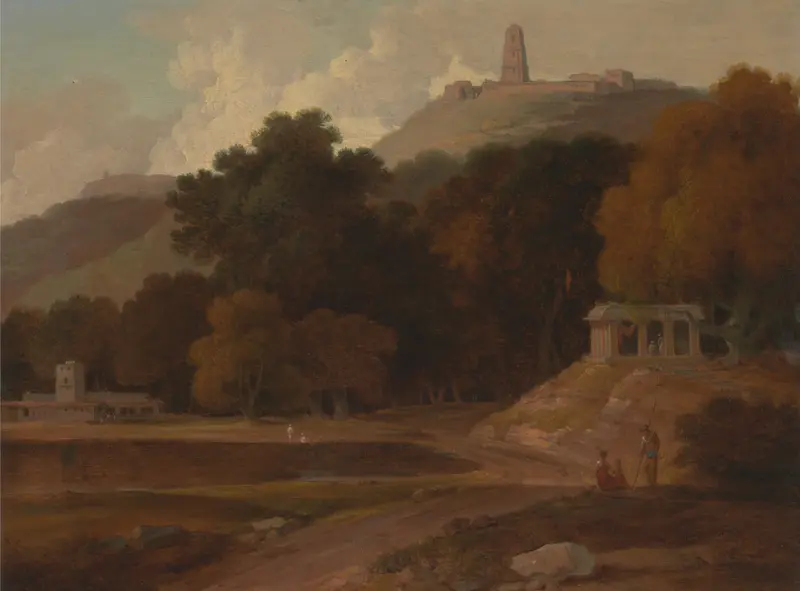Hilly landscape in India, watercolor on paper by Thomas Daniell
