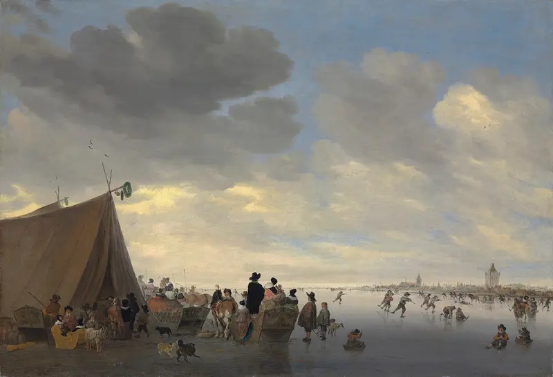 Skaters on the frozen river Lek, oil painting by Salomon van Ruysdael