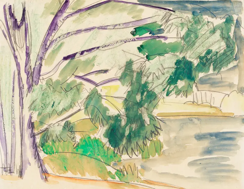 Unter Bäumen am See by Ernst Ludwig Kirchner, oil on canvas, figures relaxing under trees by a lake