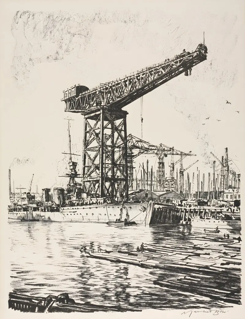 Engraving by Muirhead Bone showing workers and ships in a fitting-out basin