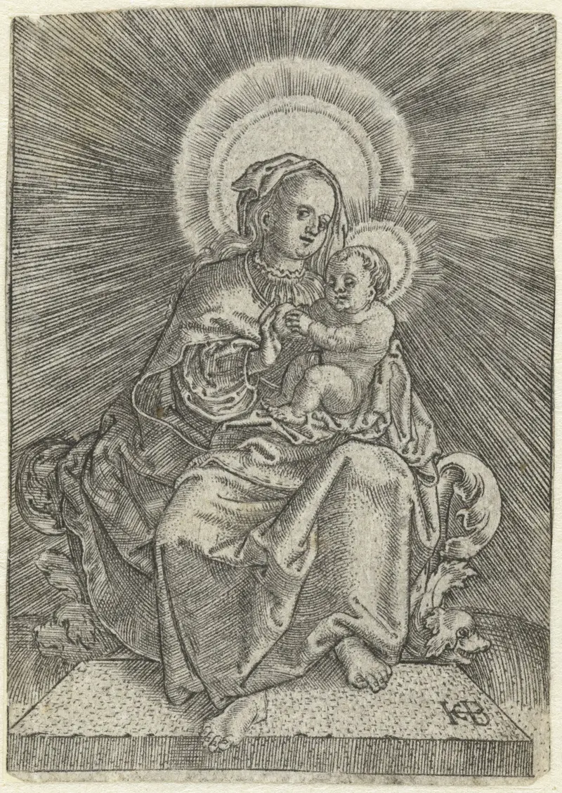 Engraving by Jacob Binck depicting Mary with child and halo, radiating light