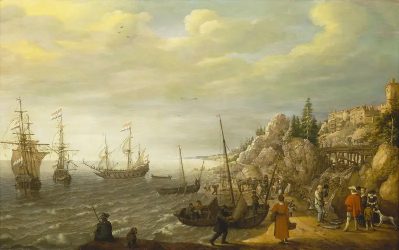 A serene scene of Dutch ships anchored near a Scandinavian town, with fishermen and a waterfall in the foreground.