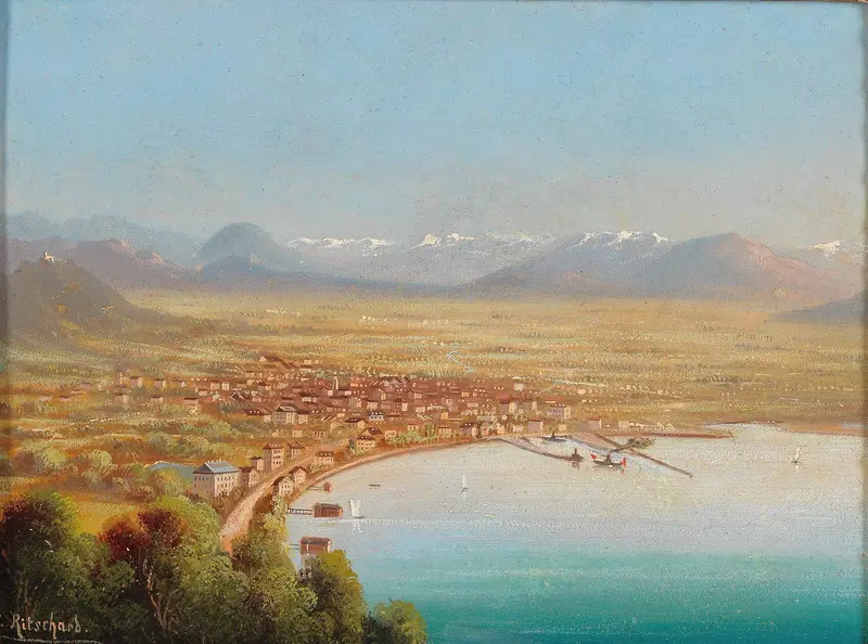 Landscape view of Bregenz, oil on canvas by Hubert Sattler