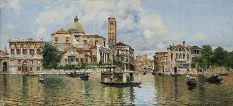Oil painting by Antonio María de Reyna Manescau depicting a canal in Venice with reflections.