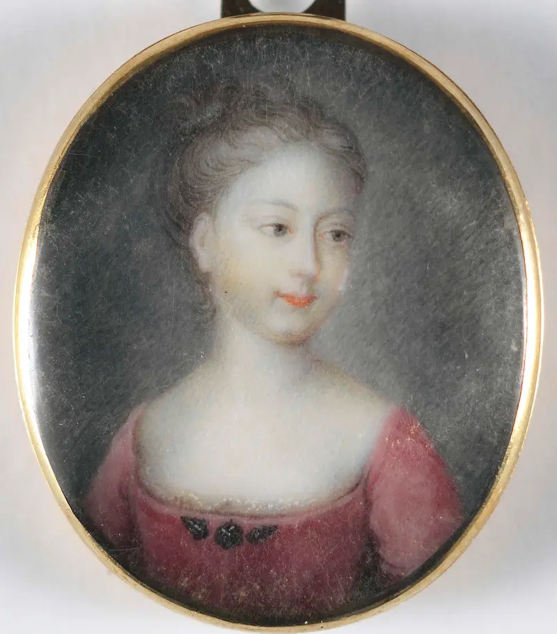 Portrait of a girl with delicate features in a blue gown, ivory medium, Unknown Artist