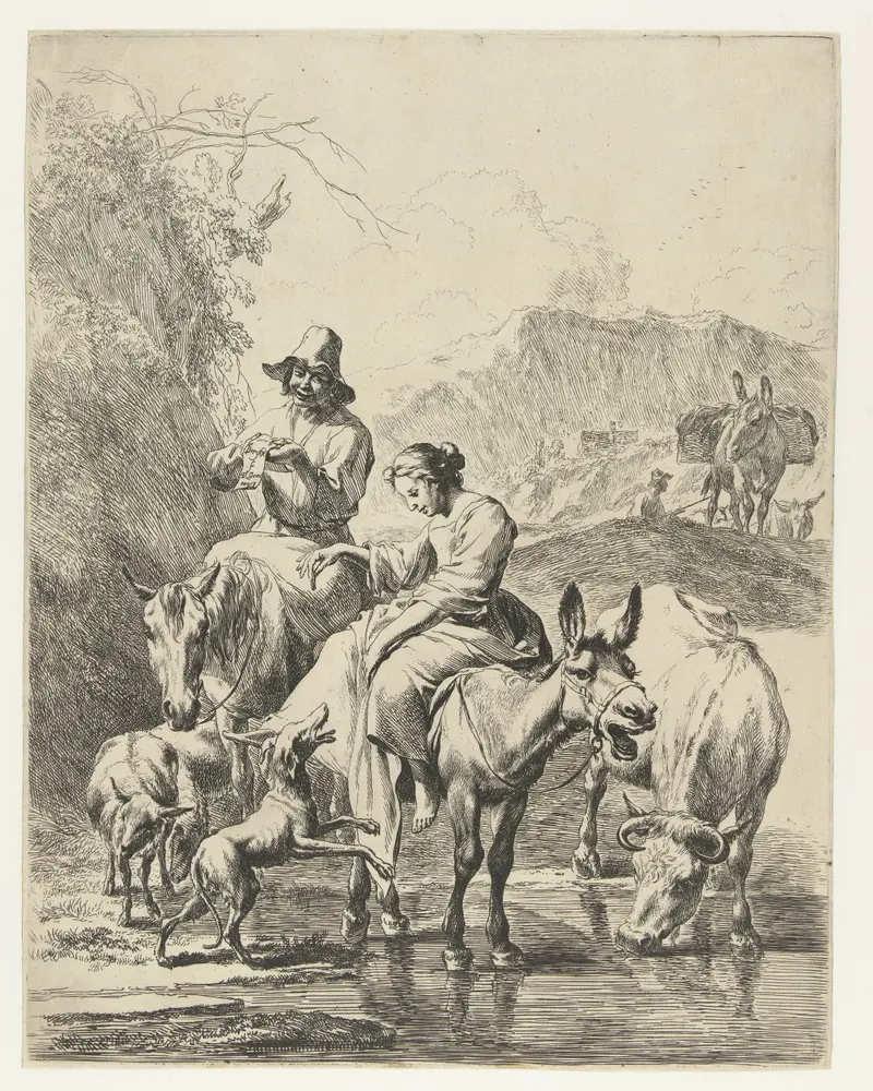 Etching by Nicolaes Pietersz Berchem showing a herder on horseback and a woman on an ass crossing a stream.