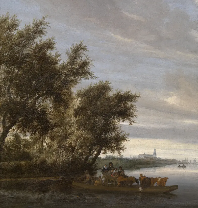 The Ferry by Salomon van Ruysdael, oil on canvas depicting a river scene with figures and reflections