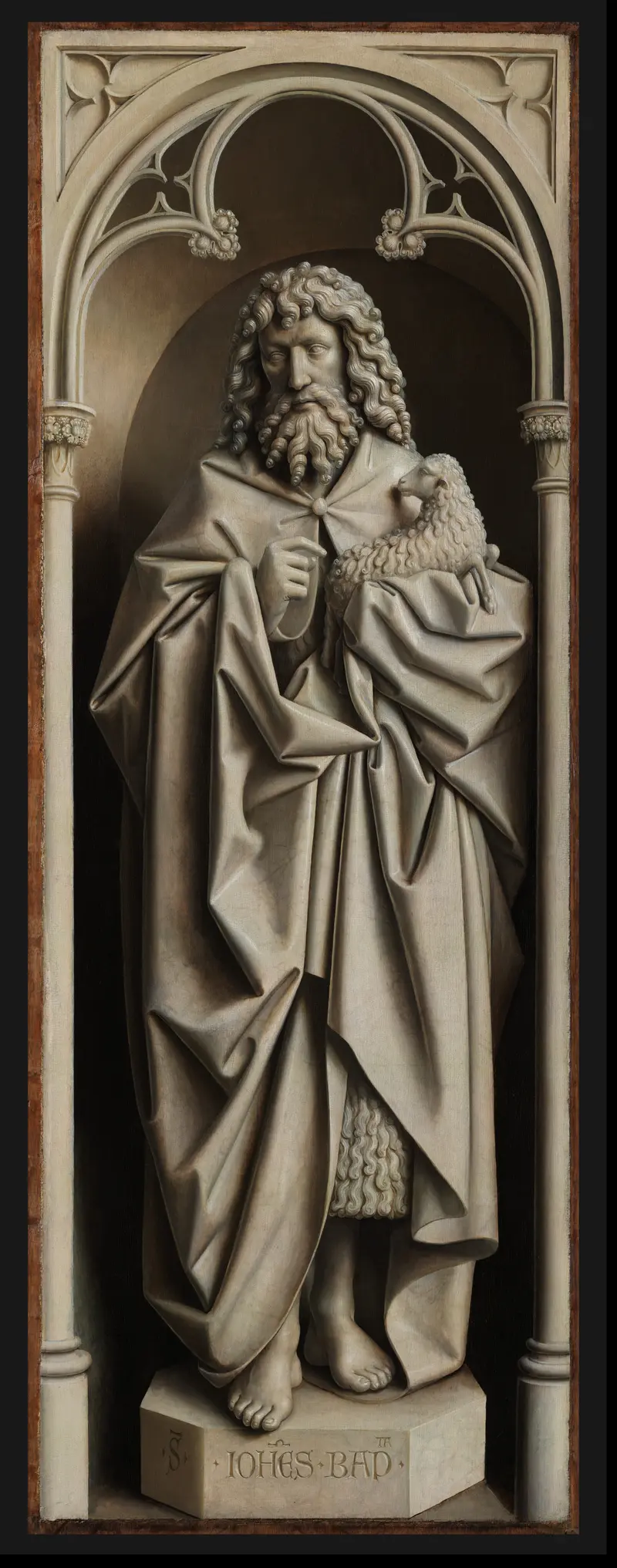 Jan van Eyck's painting of John the Baptist, depicting him in a camel-hair garment with a cross.