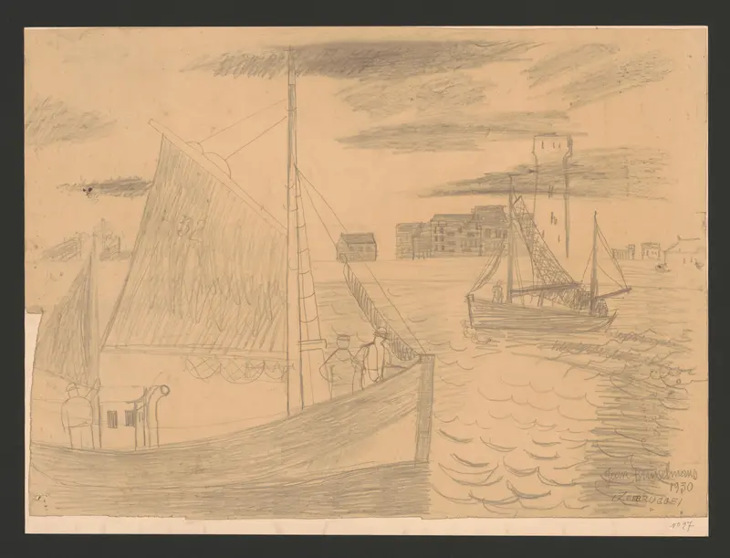 A drawing featuring sails and masts, with figures at the prow of a boat in a quiet port scene.